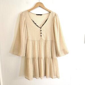 Zara Cream Black Polka Dot Tiered Babydoll Mini Dress Lace V-Neck Size S